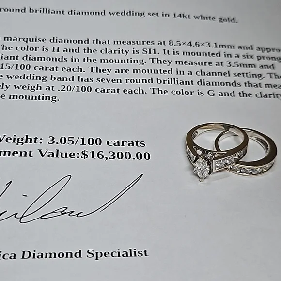 Ladies marquee and round brilliant diamond wedding set in 14kt white gold - Picture 6 of 8